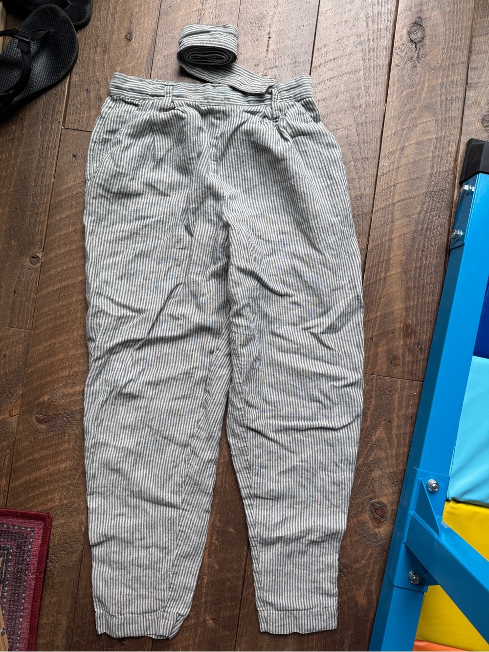 notPERFECTLINEN Gray and Natural Pinstripe Linen “Boyfriend” Trousers